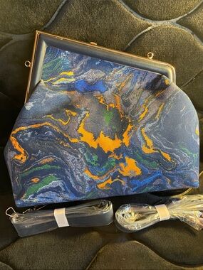 Marble-Print Frame Clutch in Navy with Orange Accents